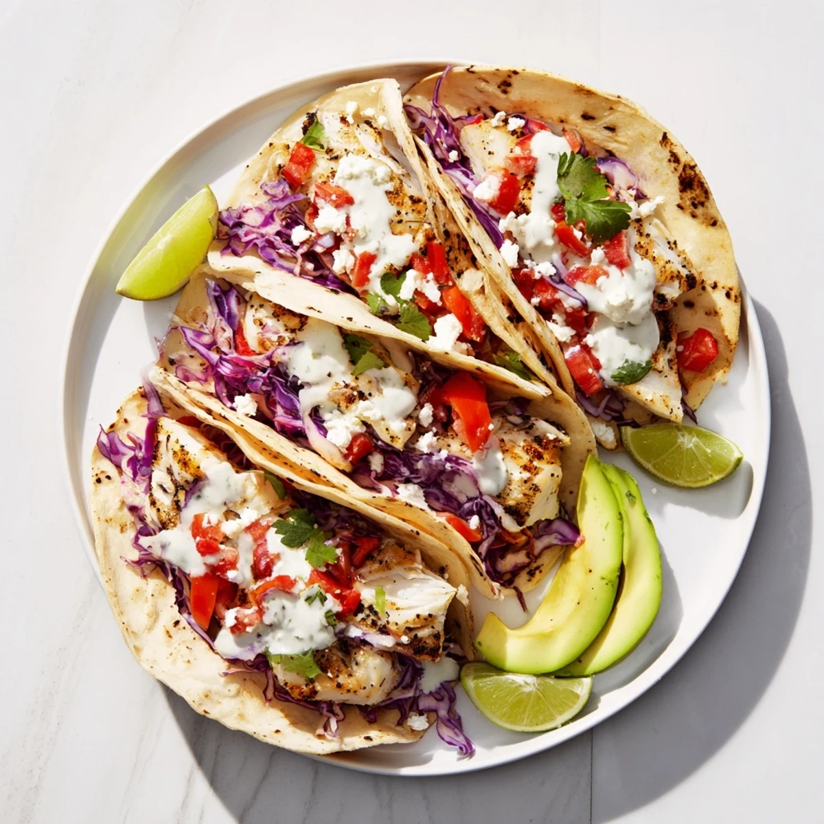 Light and zesty grilled fish cilantro tacos topped with vibrant red cabbage and creamy cilantro lime dressing