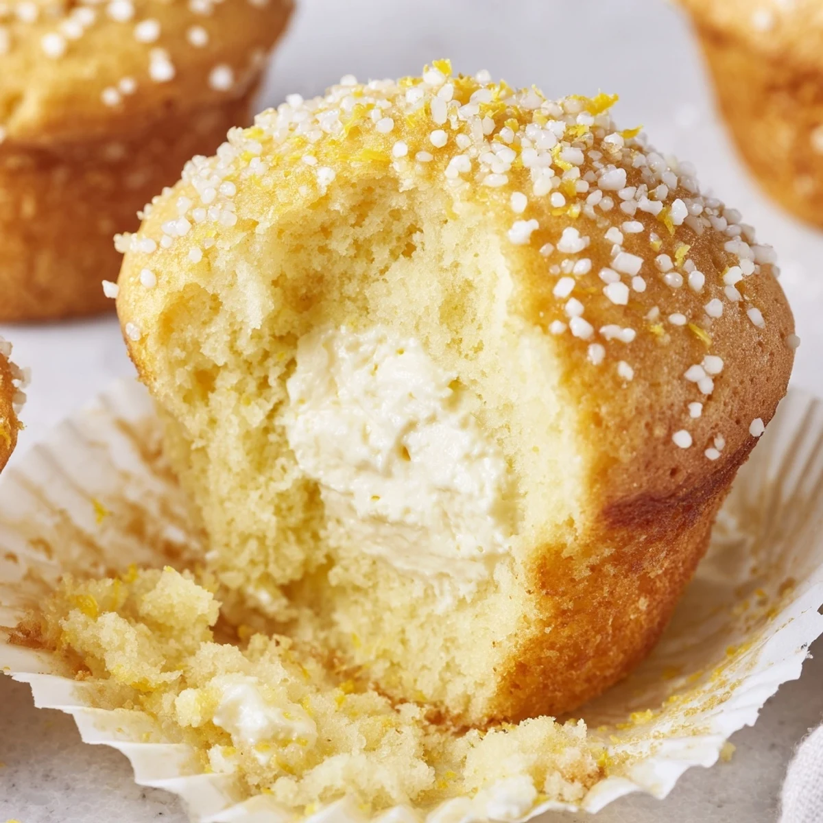 Golden lemon cream cheese muffins topped with coarse sugar, cooling on a wire rack