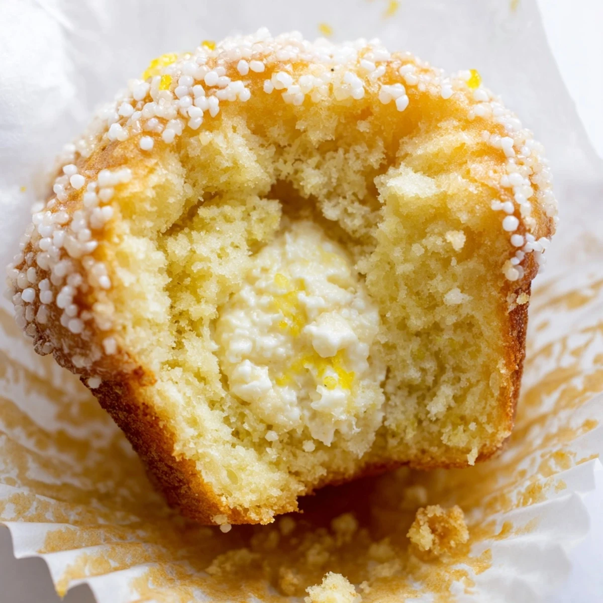 Stack of homemade lemon cream cheese muffins dusted with sugar on a white plate