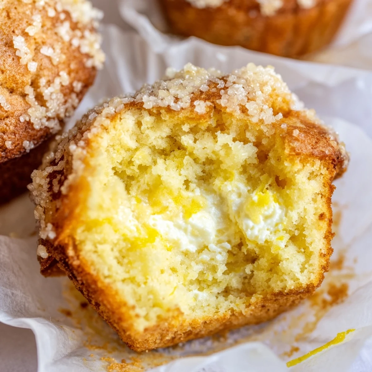 Freshly baked lemon cream cheese muffins with moist centers and zesty citrus aroma