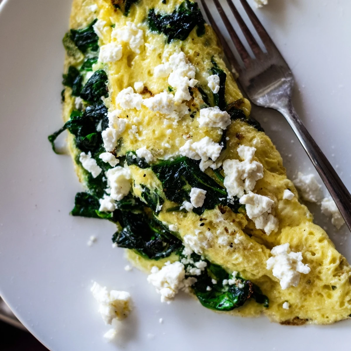Golden spinach feta omelet folded on a white plate with fresh herbs garnish