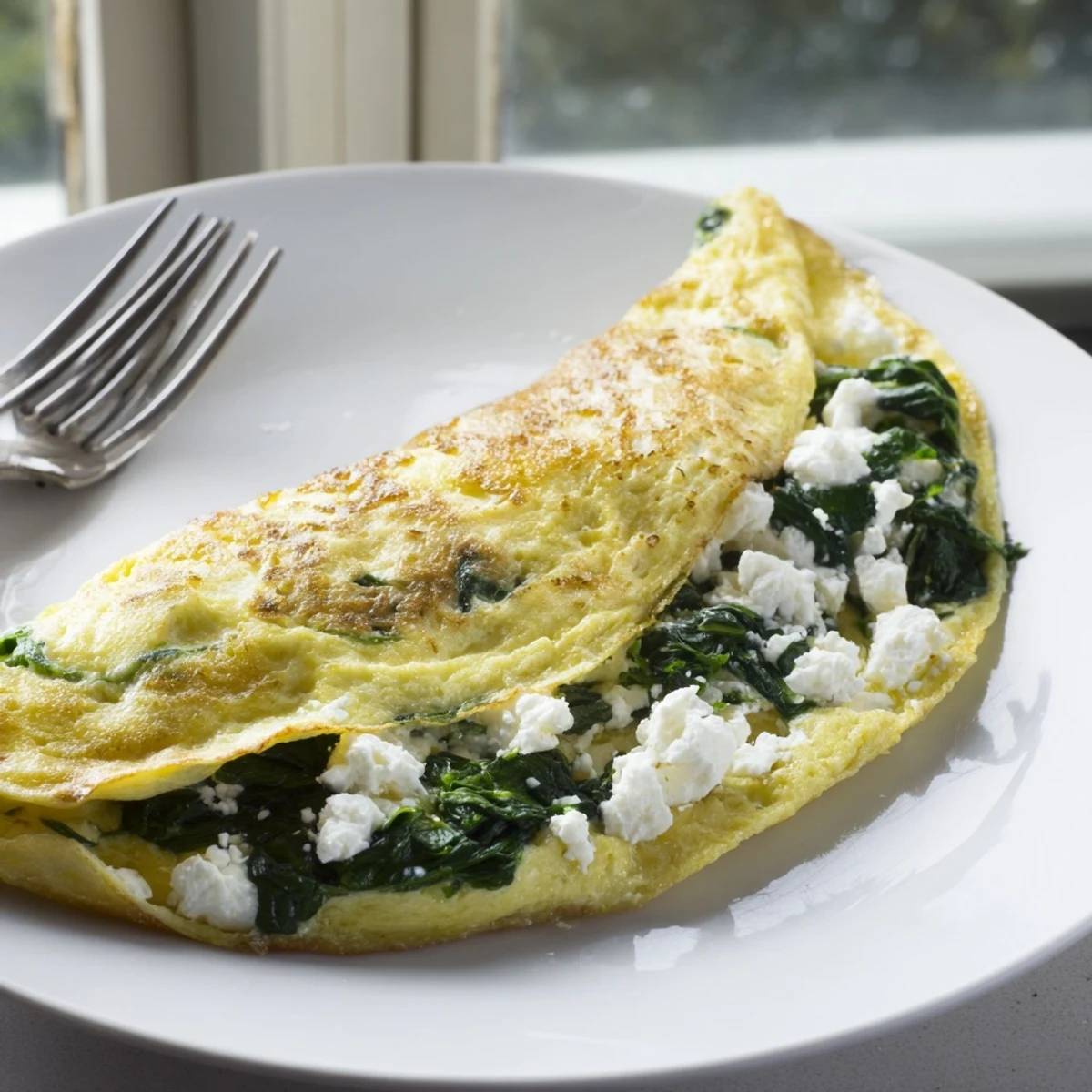 Fluffy Mediterranean omelet filled with wilted spinach and crumbled creamy feta cheese
