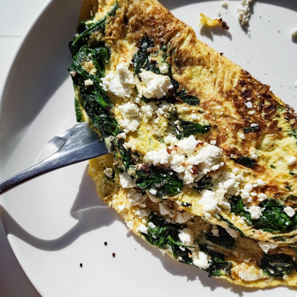 Savory spinach and feta omelet served hot with visible golden egg texture