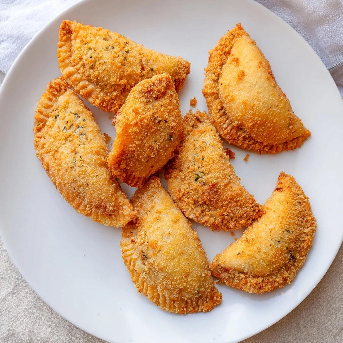 Crispy fried Portuguese shrimp rissois half-moon turnovers showing creamy filling inside