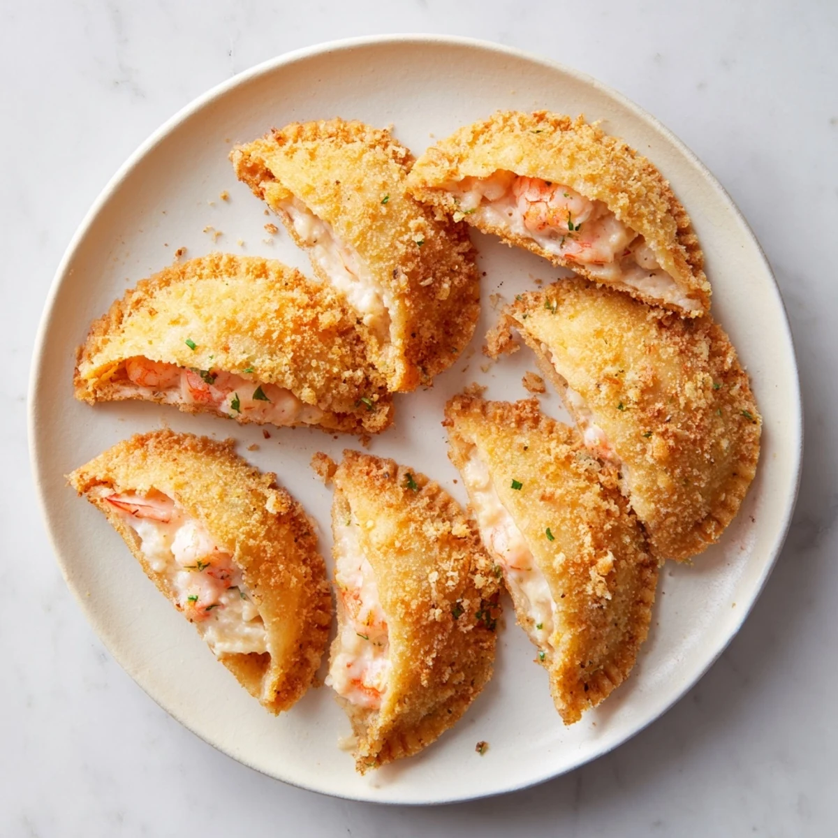 Heap of Portuguese shrimp rissois appetizers served with lemon wedges on rustic wooden board