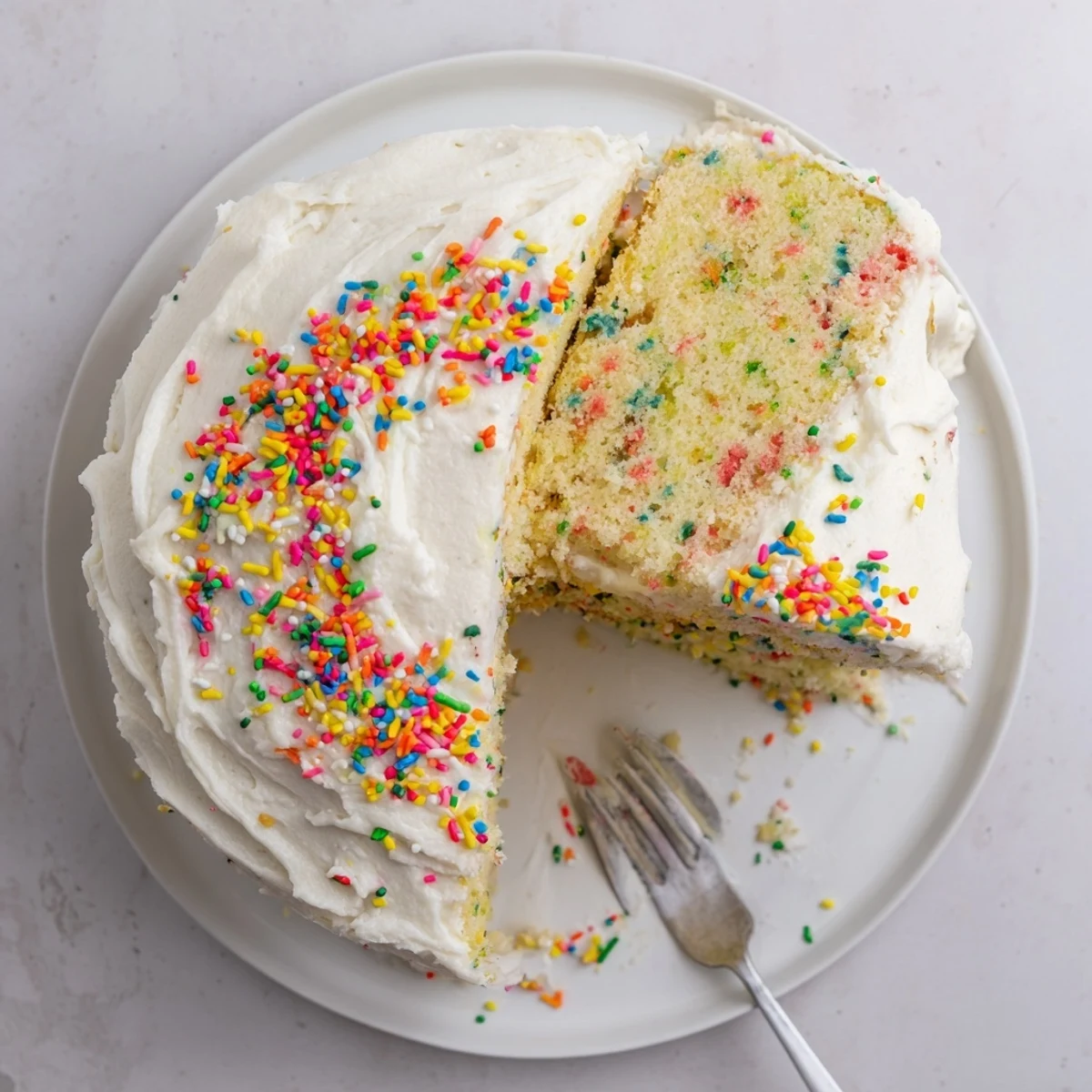 Homemade Funfetti cake with rainbow sprinkles baked into fluffy vanilla layers and topped with creamy white buttercream frosting