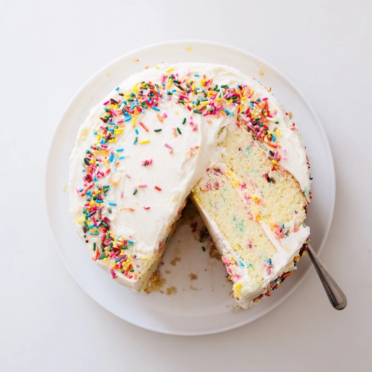 Two-layer celebration Funfetti cake dusted with extra sprinkles, ready for birthdays and festive gatherings with loved ones