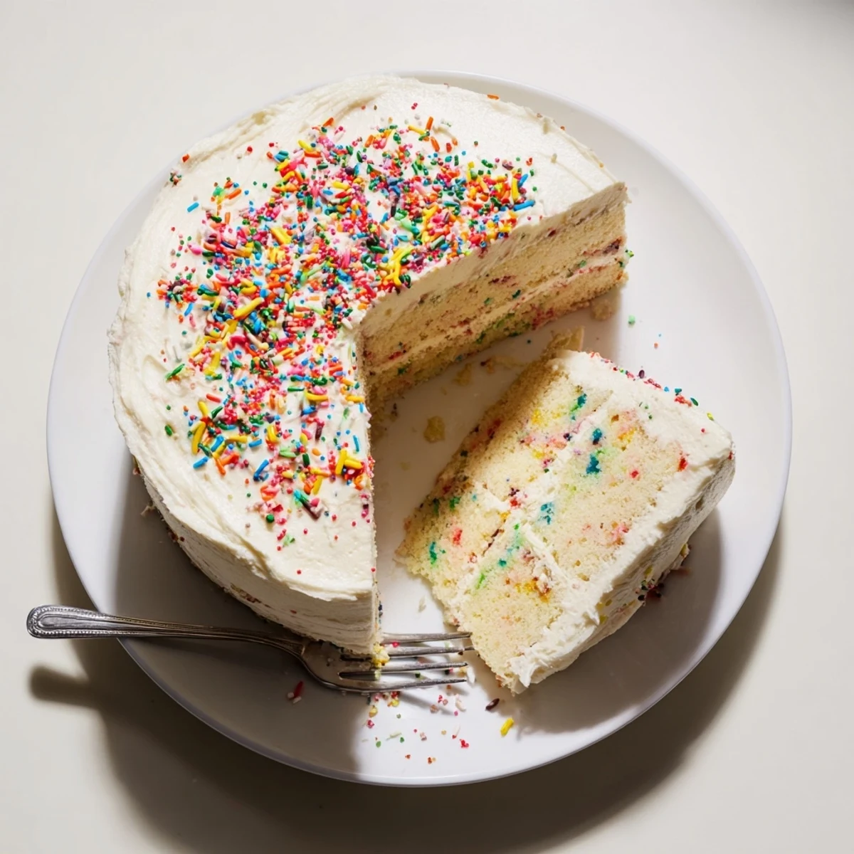 Slice of colorful Funfetti cake showing vibrant rainbow speckles throughout the tender white crumb under smooth vanilla buttercream