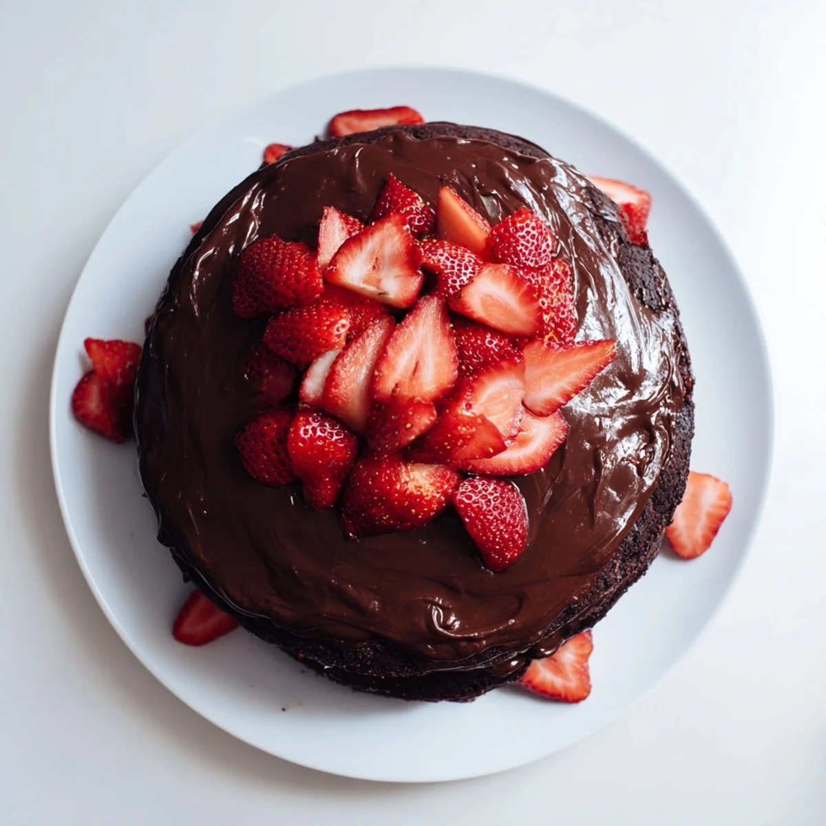Rich chocolate layer cake topped with fresh red strawberries and creamy frosting