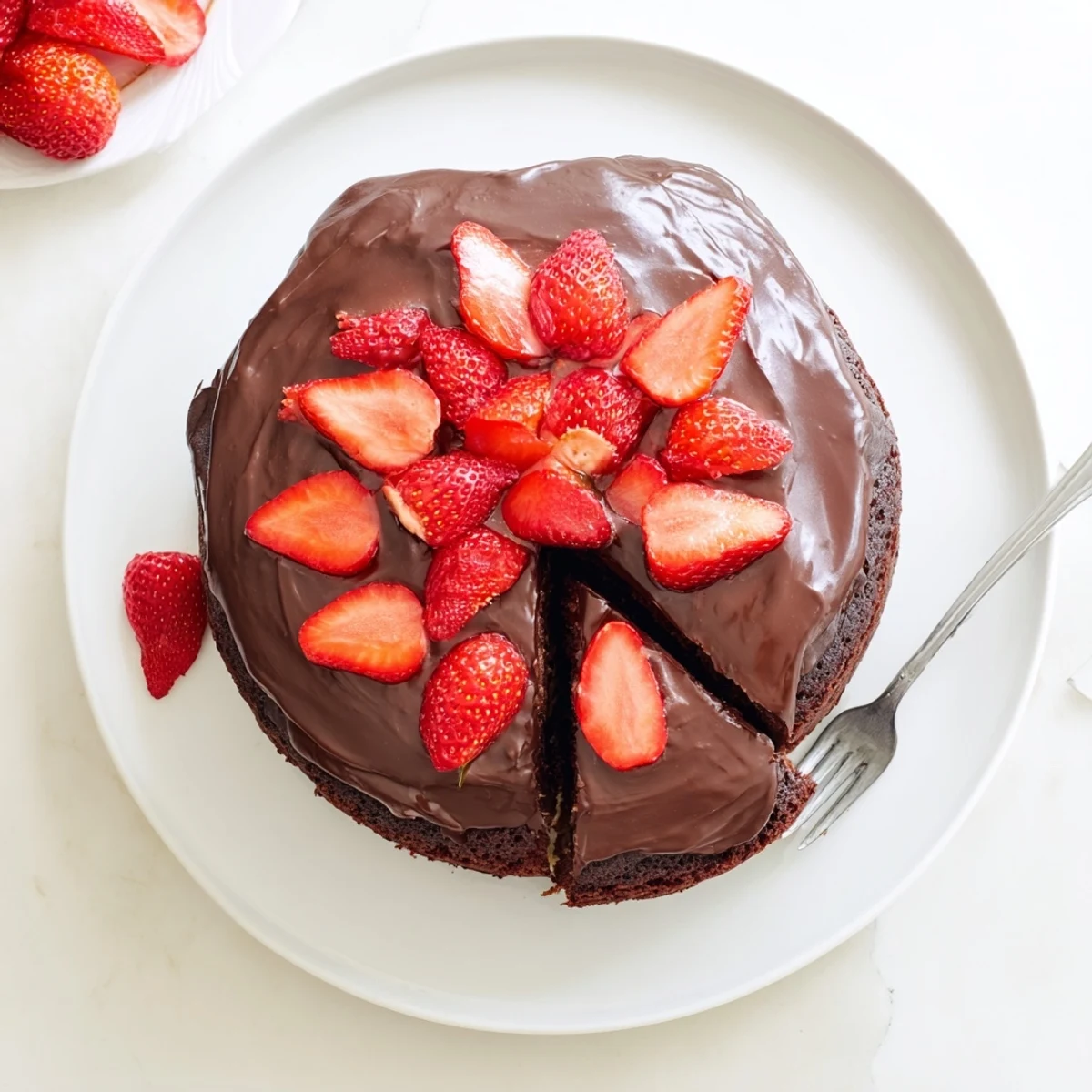Decadent strawberry chocolate cake with glossy ganache dripping down the sides