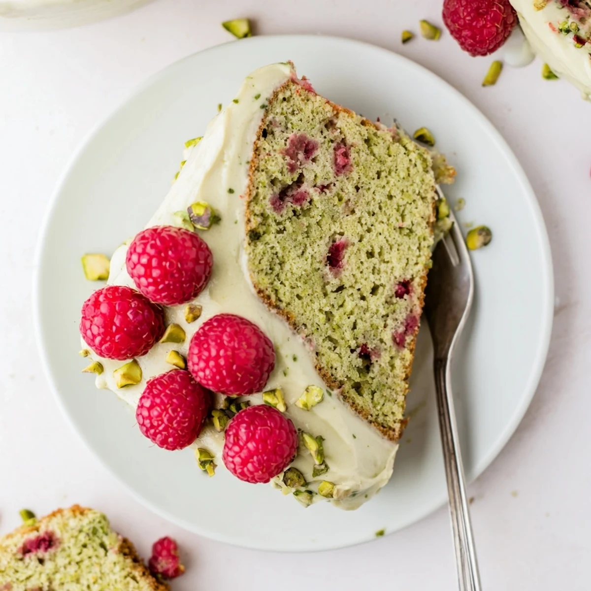Pistachio raspberry cake topped with creamy green frosting and fresh red berries on a white serving plate