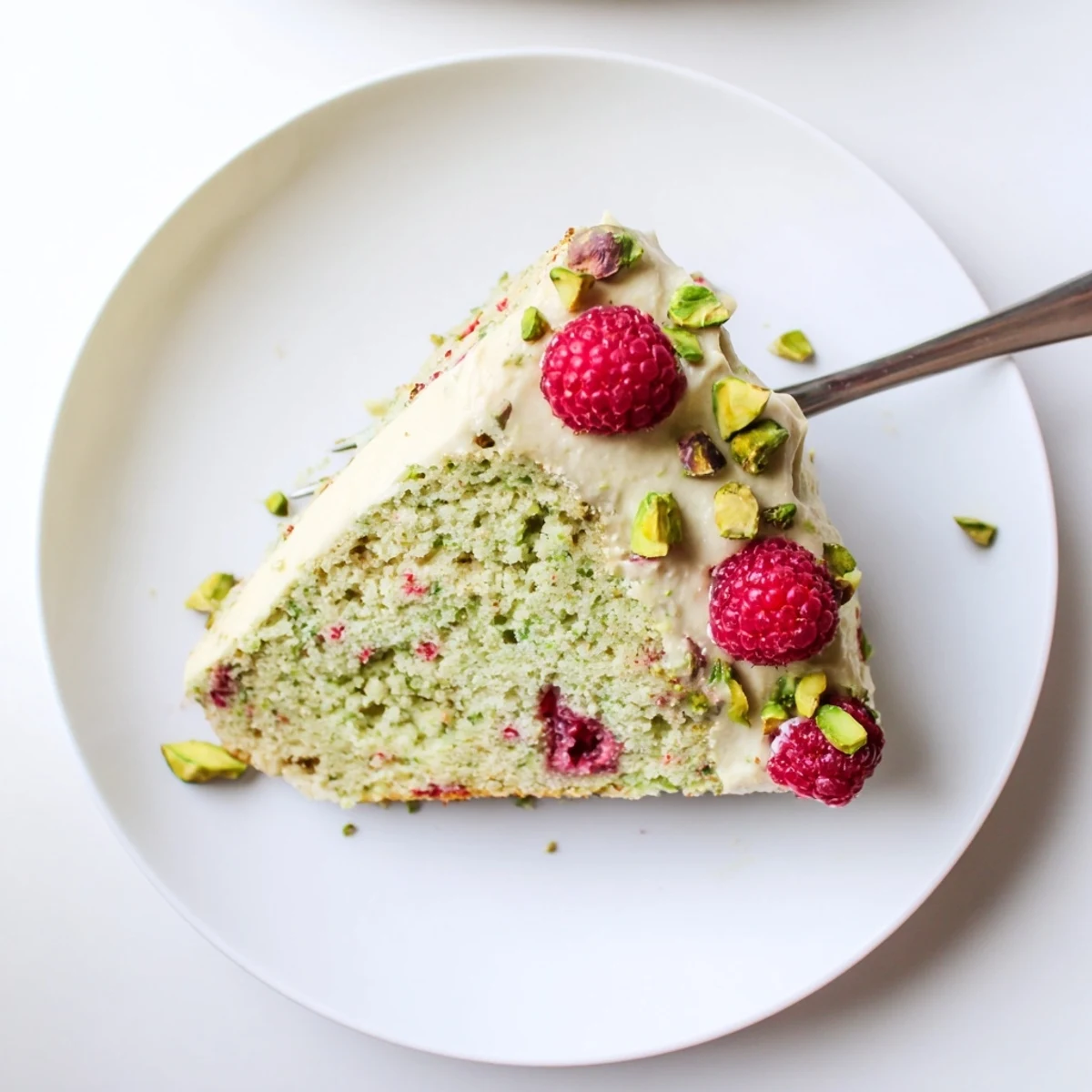 Slice of moist pistachio raspberry cake revealing flecks of ground nuts and bright raspberry pieces throughout the tender crumb