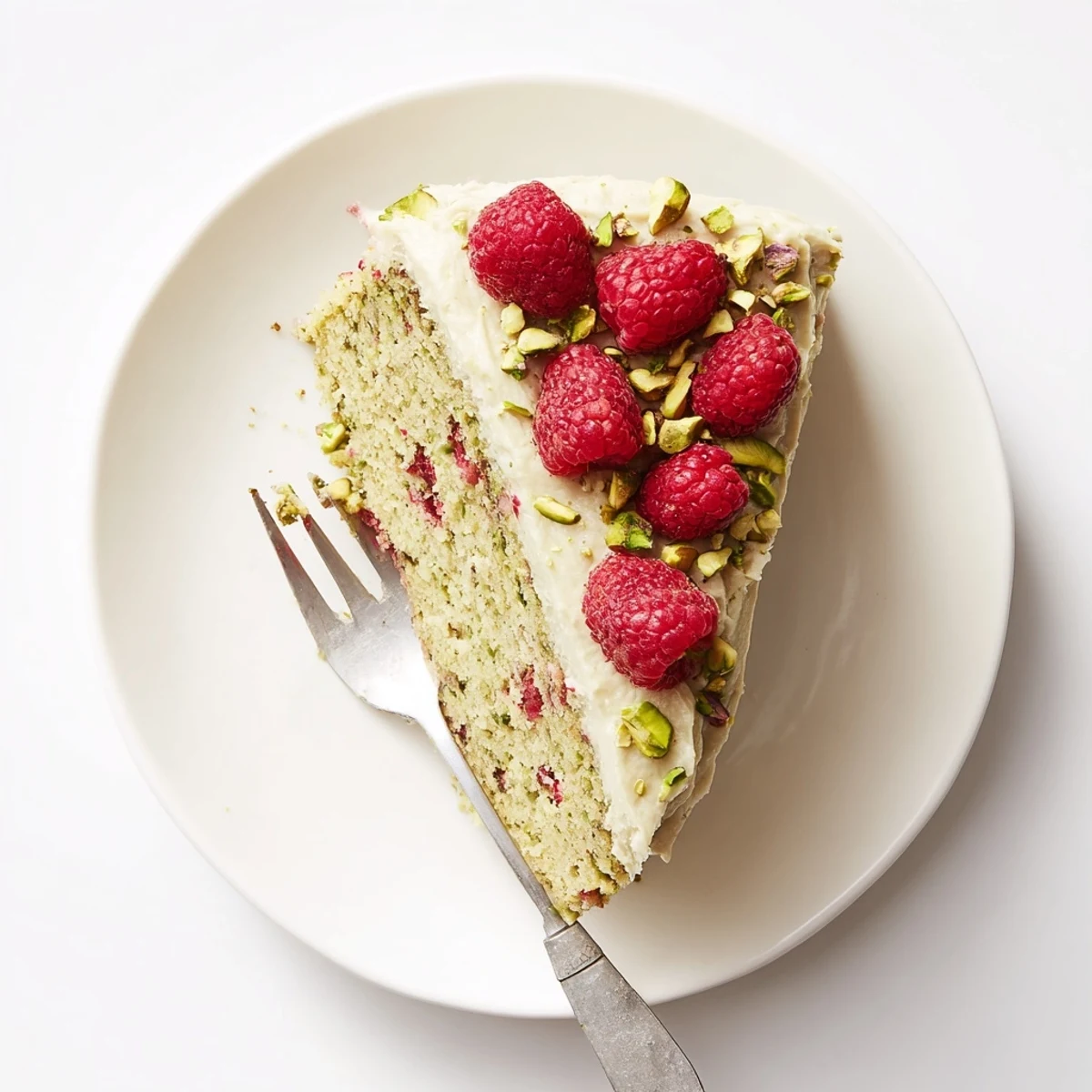 Elegant European-style pistachio raspberry cake decorated with whole raspberries and a generous swirl of pistachio cream cheese frosting