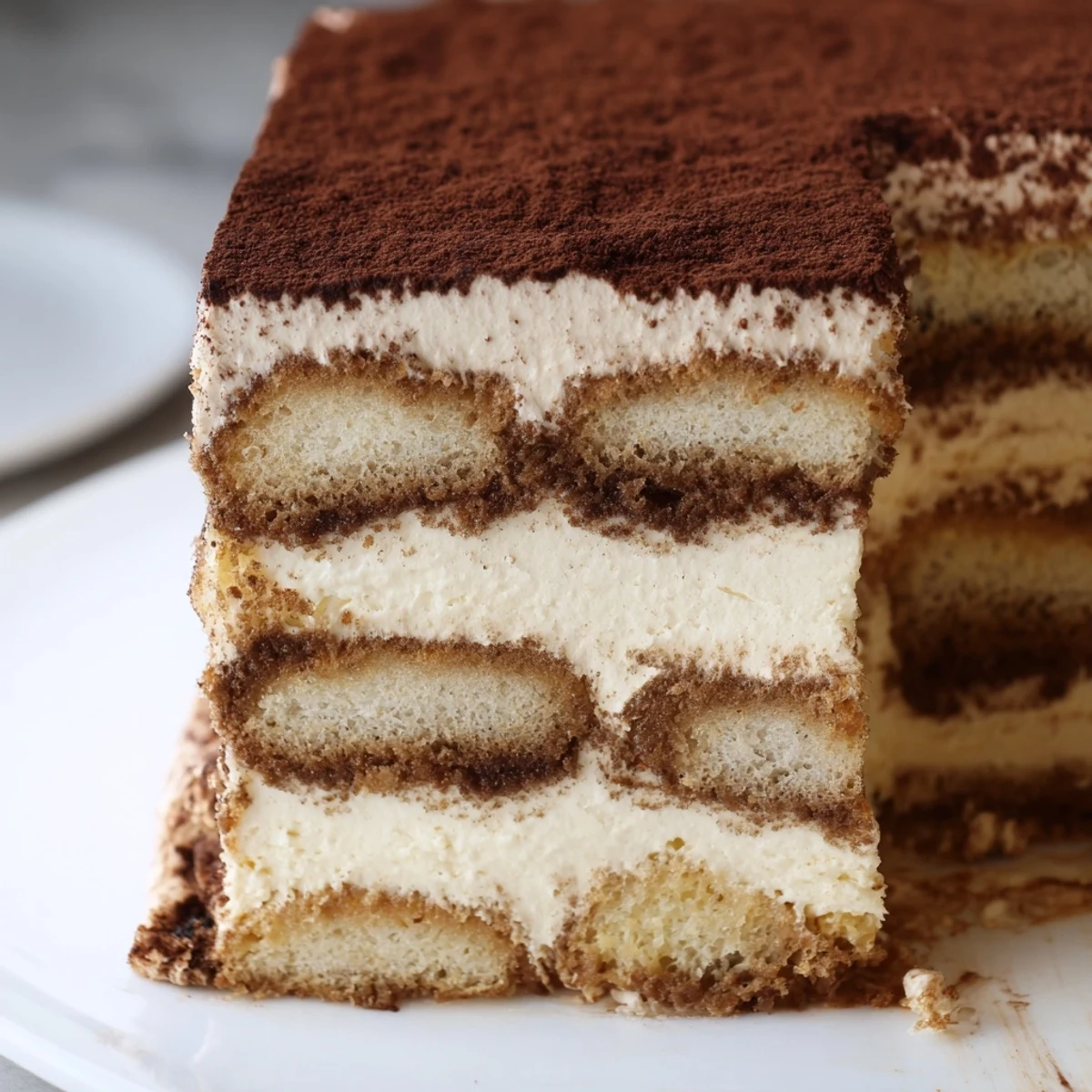 Homemade tiramisu cake featuring layered coffee-soaked sponge and creamy mascarpone frosting dusted with cocoa