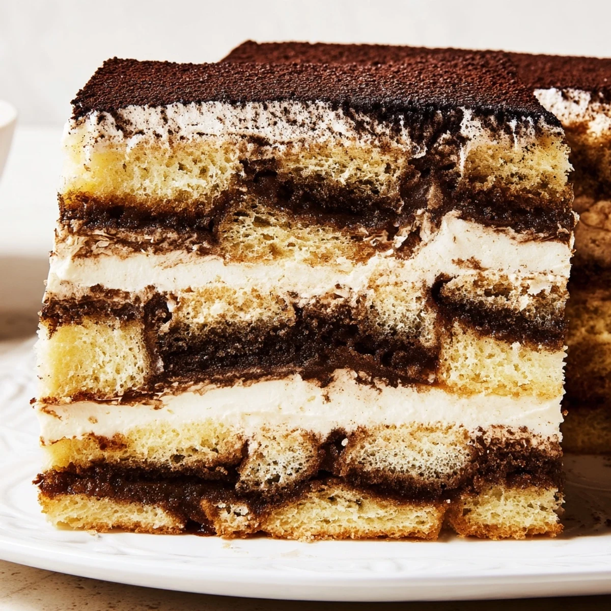 Elegant tiered tiramisu cake topped with dark chocolate shavings and generous dusting of unsweetened cocoa powder
