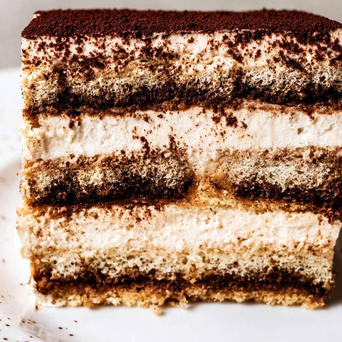 Classic Italian tiramisu cake slice showing fluffy mascarpone filling between espresso-soaked cake layers on white plate