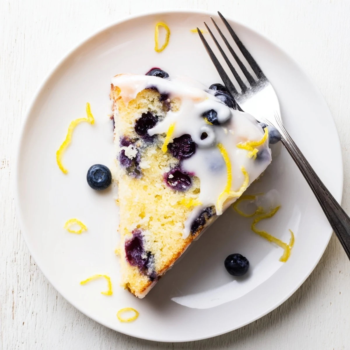 Freshly baked lemon blueberry cake with vibrant citrus zest and plump blueberries bursting throughout each moist bite