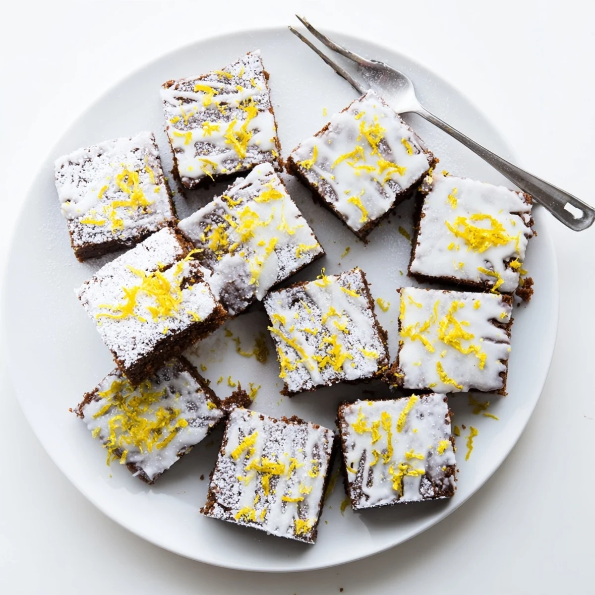 Golden lemon zest brownies drizzled with white glaze and fresh citrus garnish on a rustic wooden board