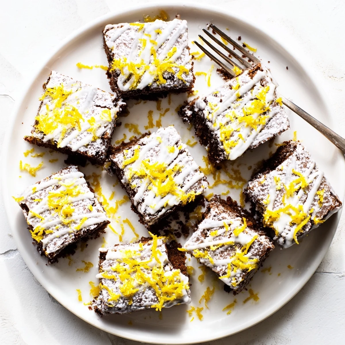 Fresh lemon zest brownies with tangy glaze served alongside wedges of bright yellow lemons