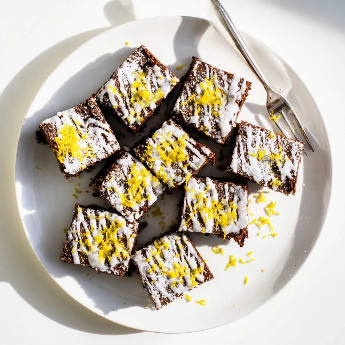 Fudgy lemon zest buttery brownies cut into squares and dusted with powdered sugar on a white plate