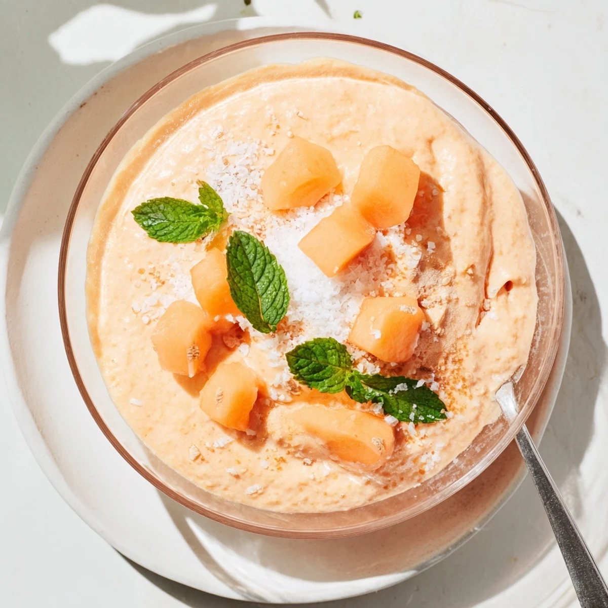 Glass bowl of chilled cantaloupe sea salt cream with cubed melon and mint sprigs