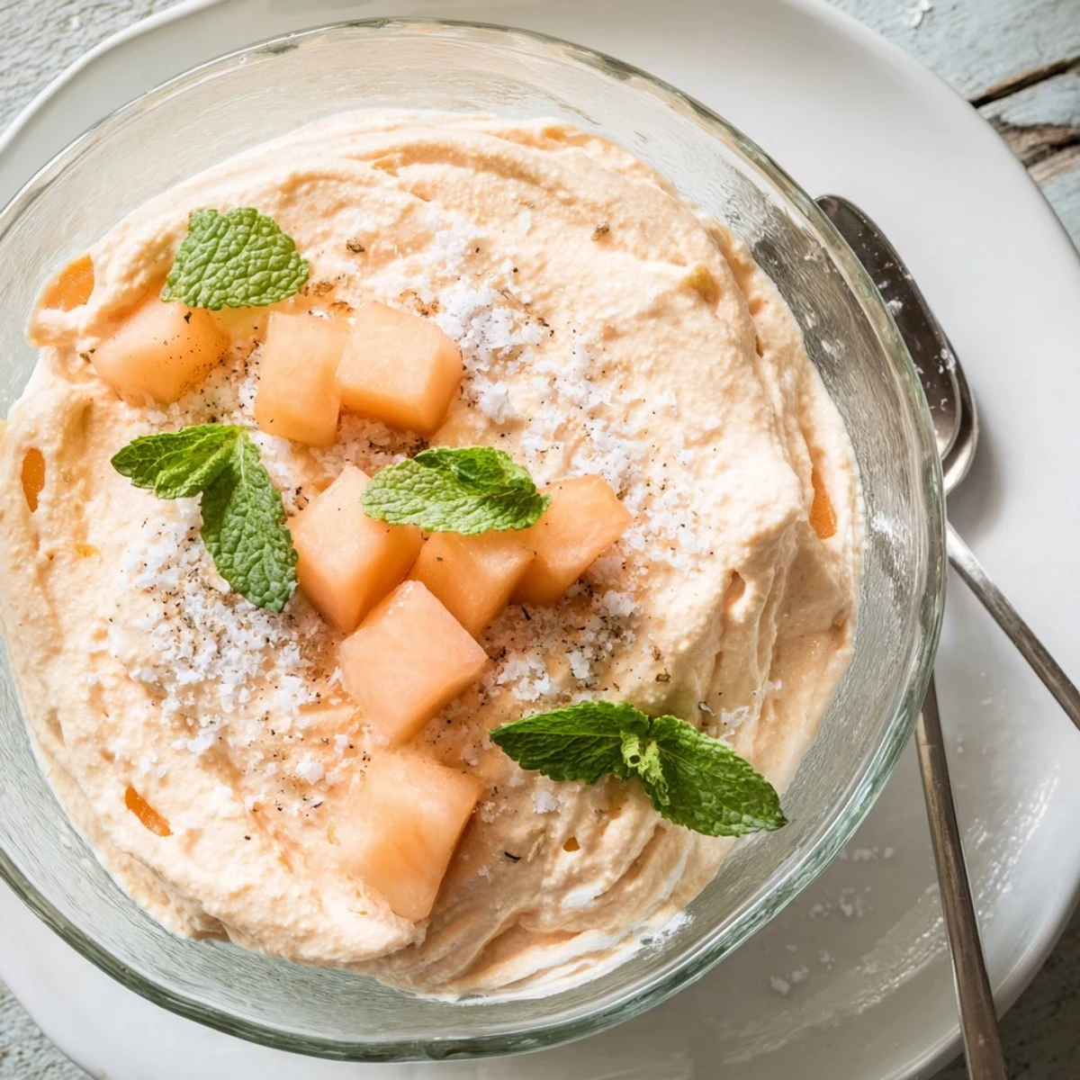 Velvety cantaloupe sea salt cream dessert served with sea salt crystals and fresh mint