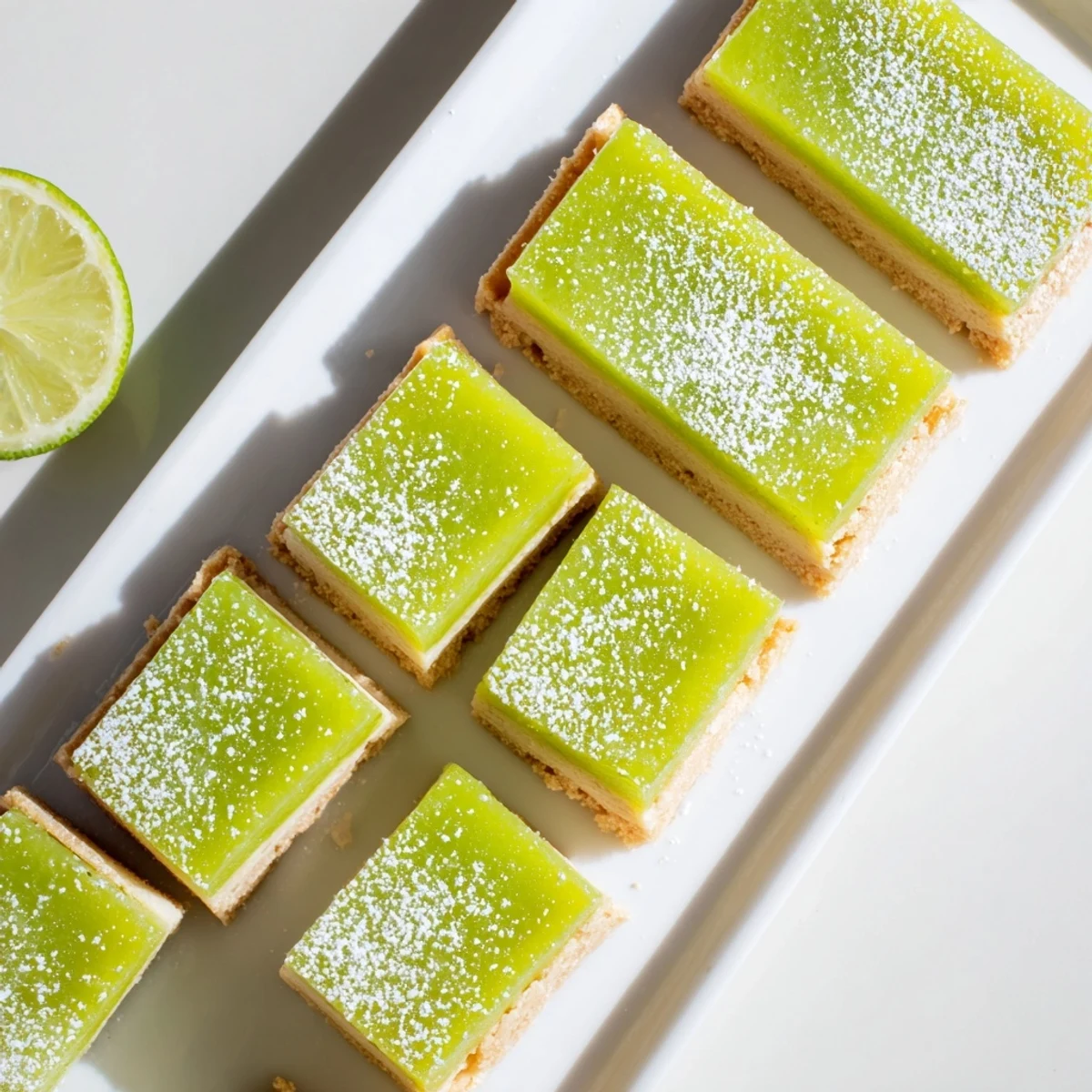 Freshly sliced zesty lime citrus bars featuring tangy lime curd on a golden baked shortbread base