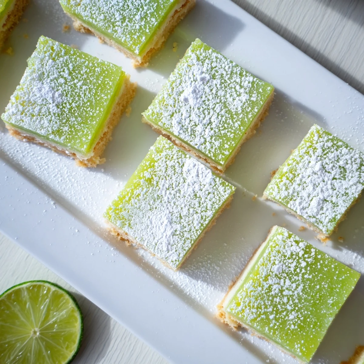 Golden zesty lime citrus bars with smooth green filling over buttery shortbread crust, dusted with powdered sugar