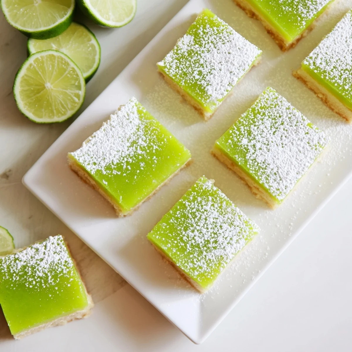 Bright green zesty lime citrus bars arranged on serving plate with white sugar dusting and fresh lime garnish