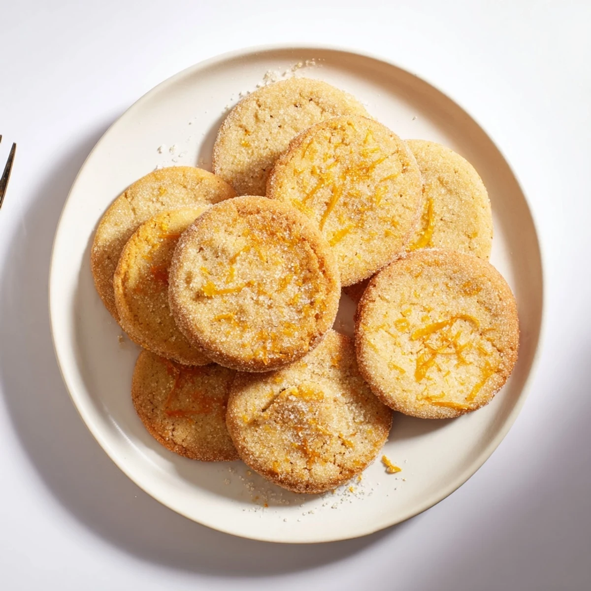 Golden orange sugar zest cookies sprinkled with sparkling citrus sugar on a white plate