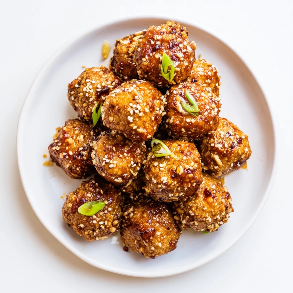 Vegan appetizer featuring sweet chili tofu balls drizzled with tangy glaze and sesame seeds