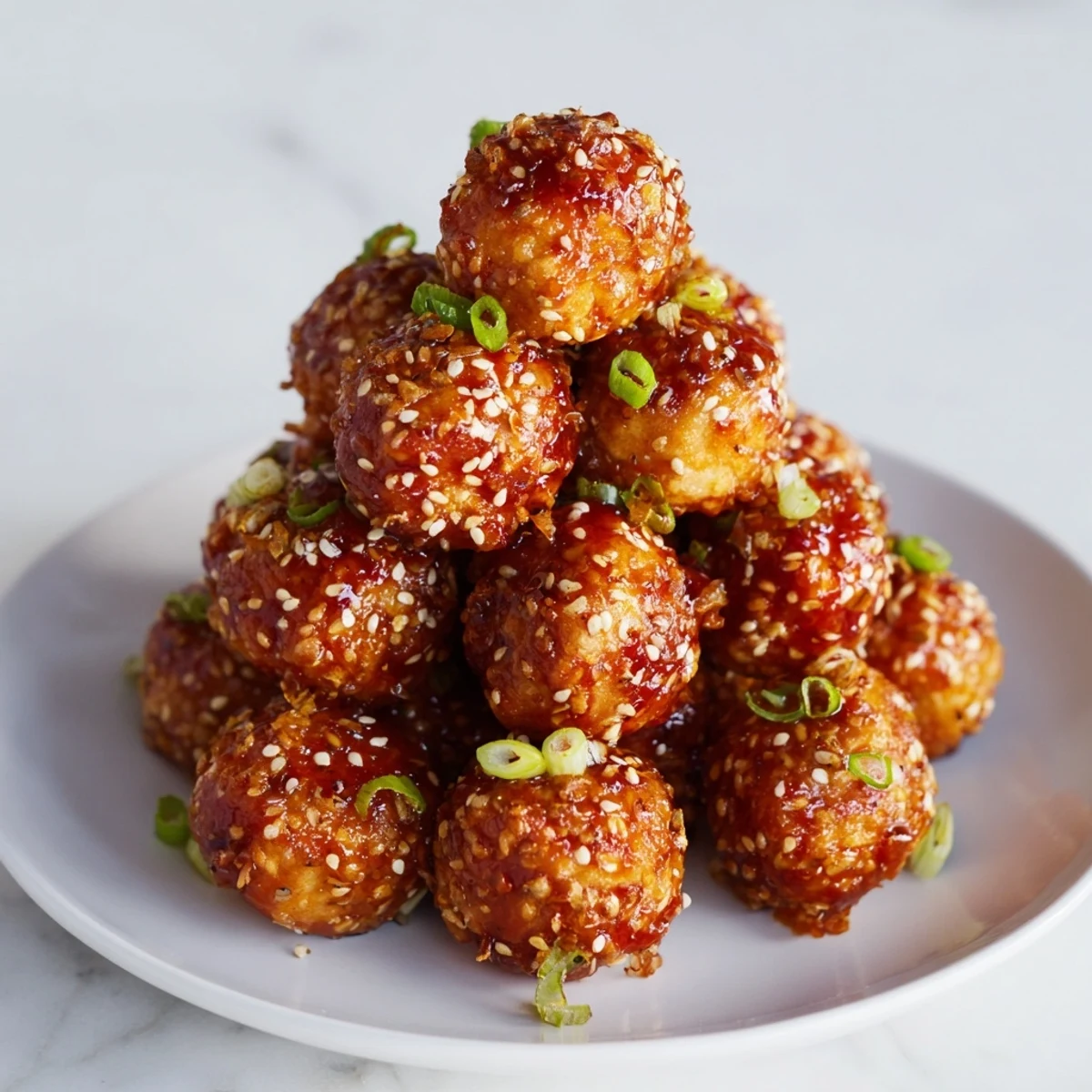 Golden brown crispy sweet chili tofu balls coated in glossy red sauce on white plate