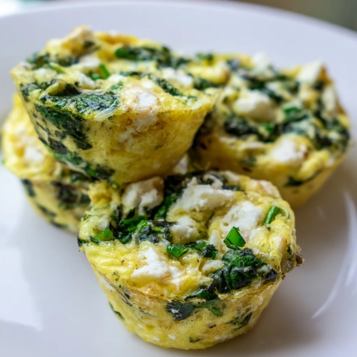 Protein-rich Savory Spinach Feta Egg Bites served warm on a white plate