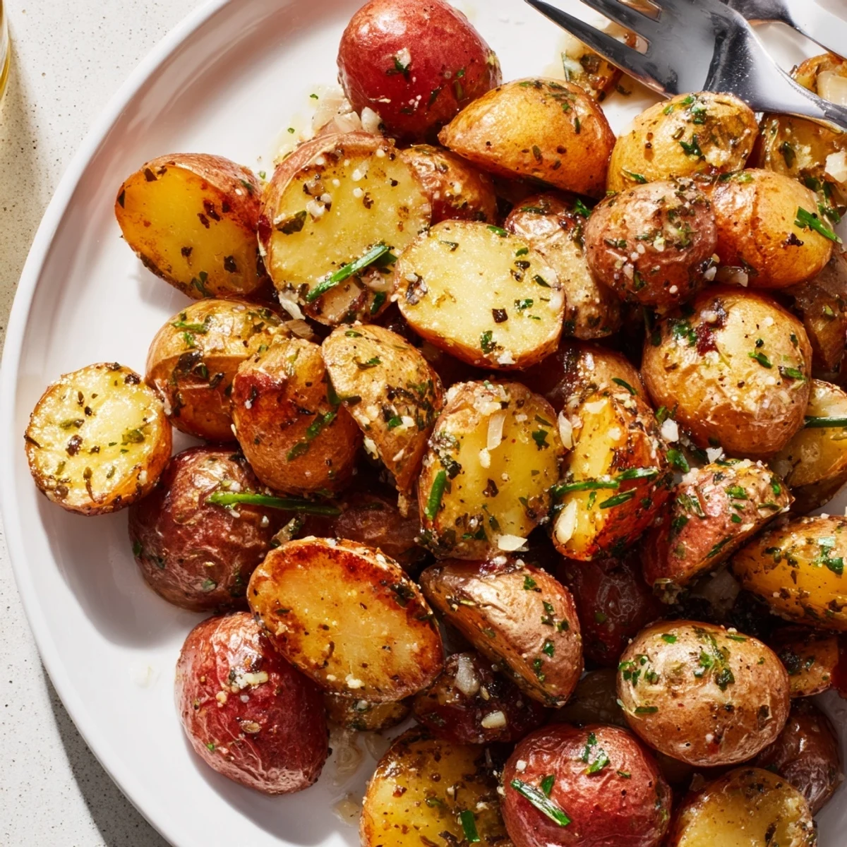 Charred edges on Herb Seasoned Grilled Potatoes In Foil ready to serve.