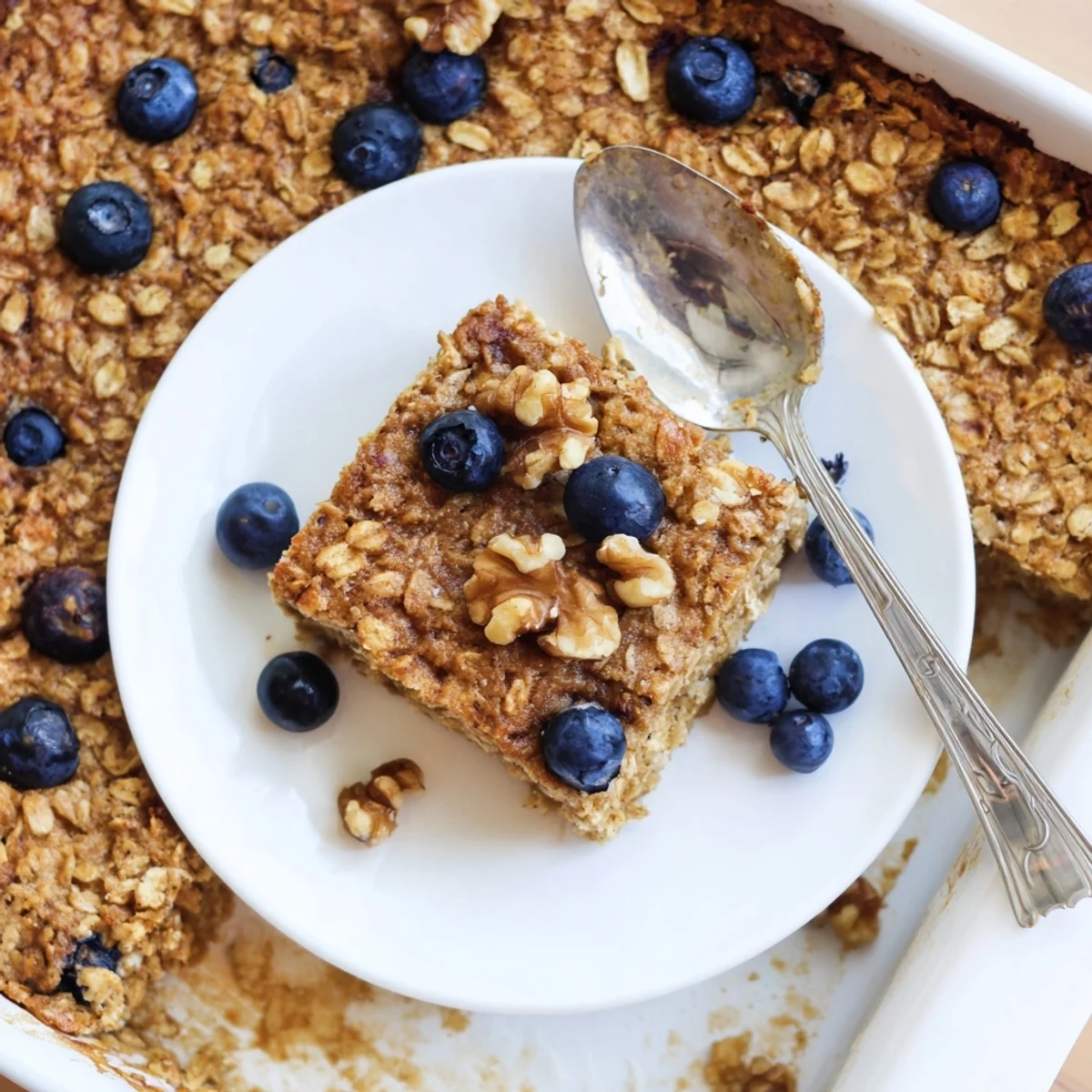Golden baked oatmeal with blueberries and walnuts in a square serving dish