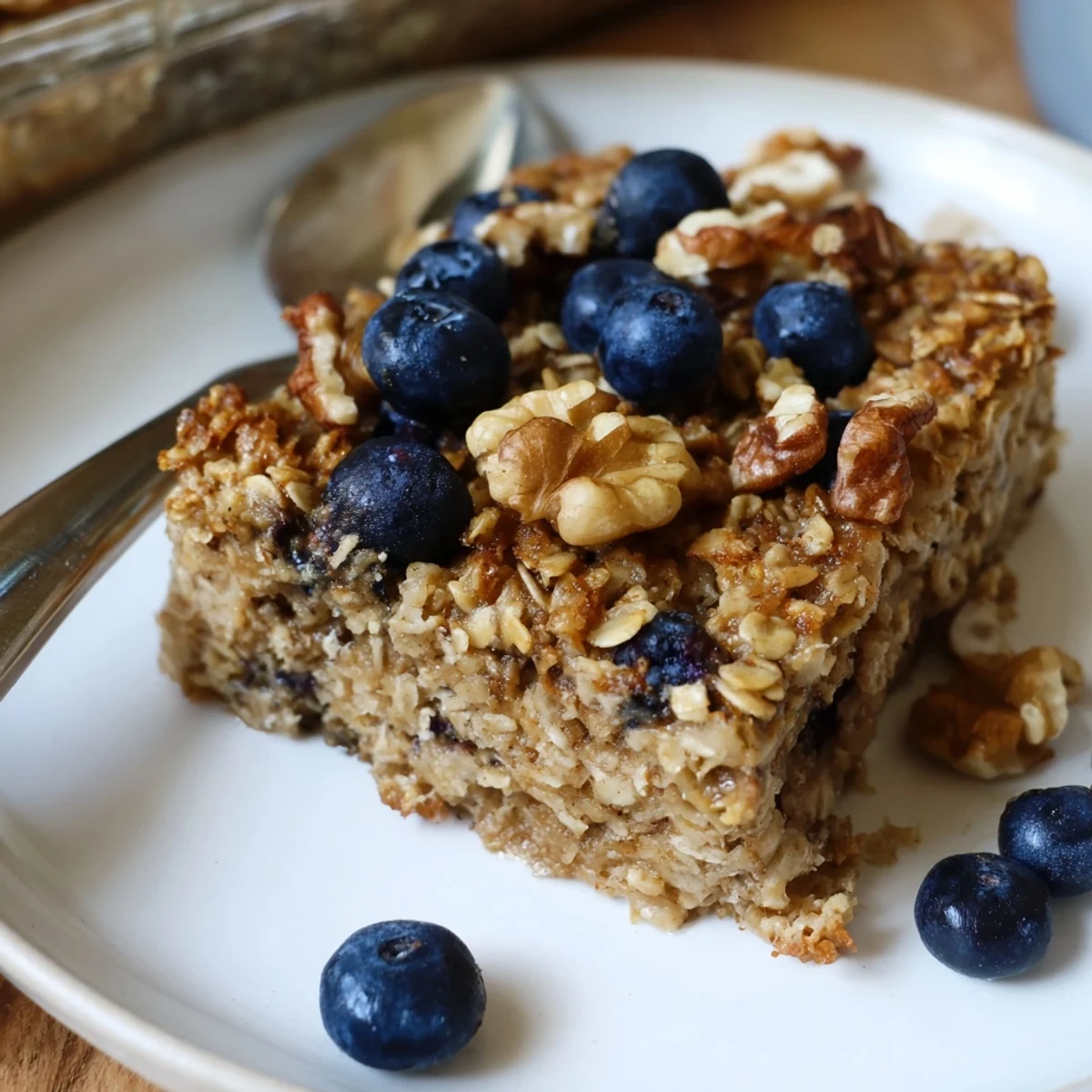 Warm slice of fruit baked oatmeal topped with fresh banana and maple syrup