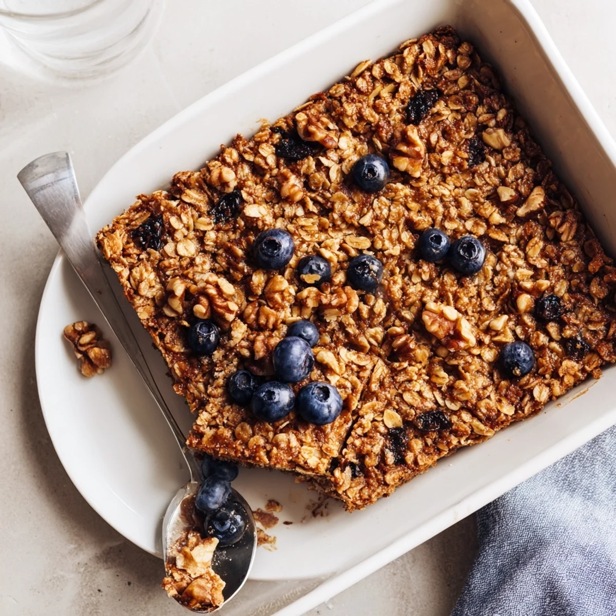 Comforting American breakfast oatmeal casserole with cinnamon and pecans ready to serve
