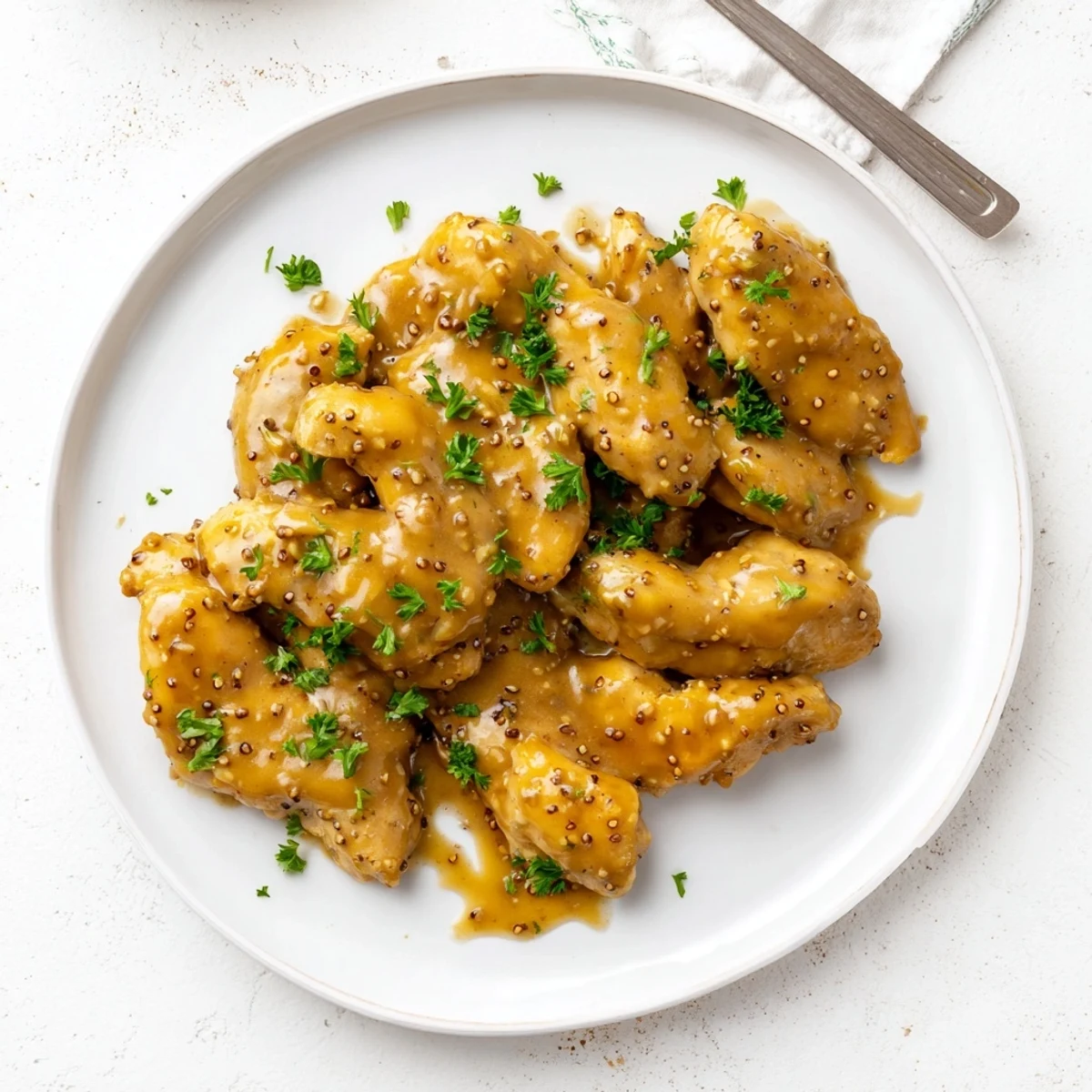 Golden baked oven honey mustard chicken breasts glazed with sweet tangy sauce and fresh parsley garnish