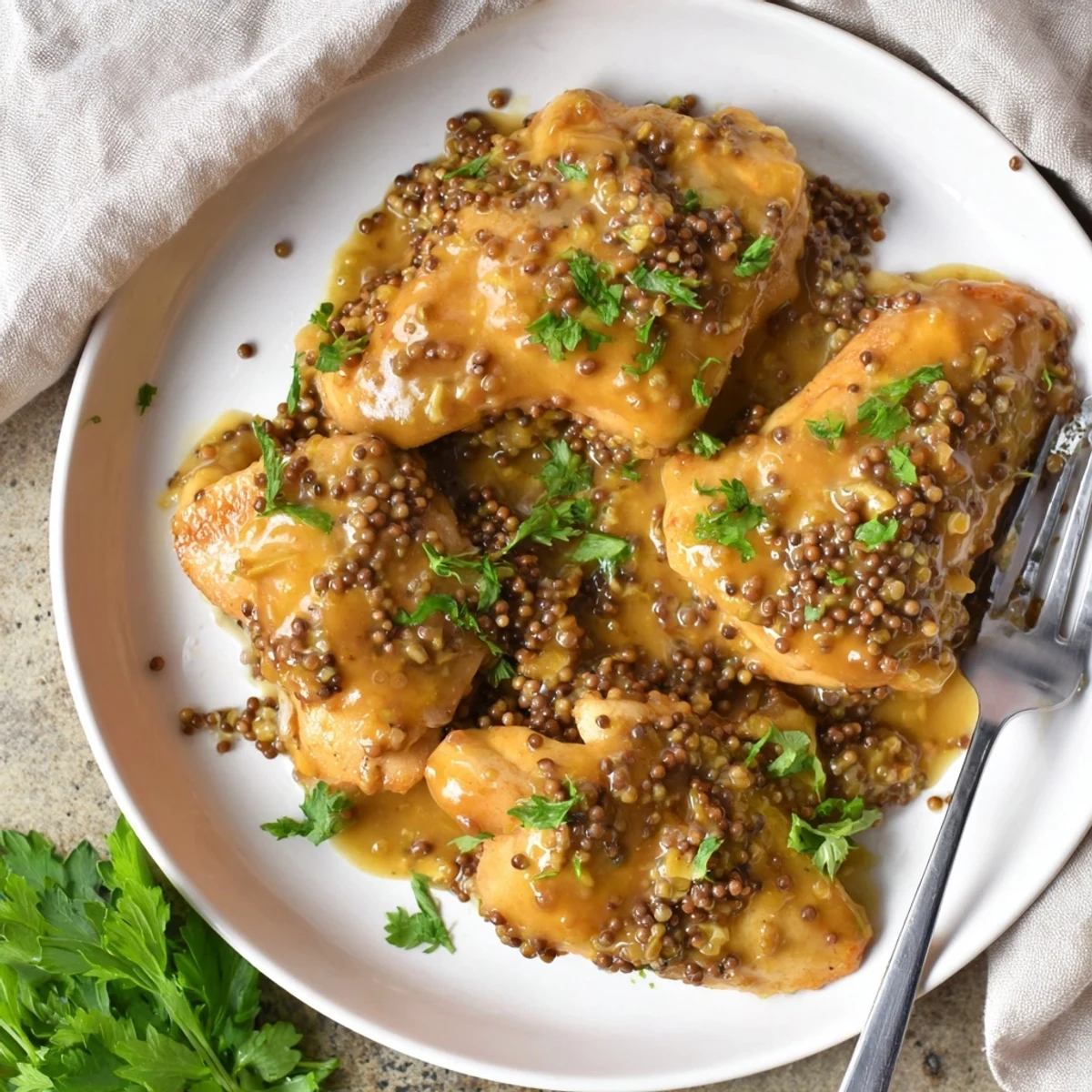 Juicy chicken pieces coated in honey mustard mixture bubbling in a white ceramic baking dish