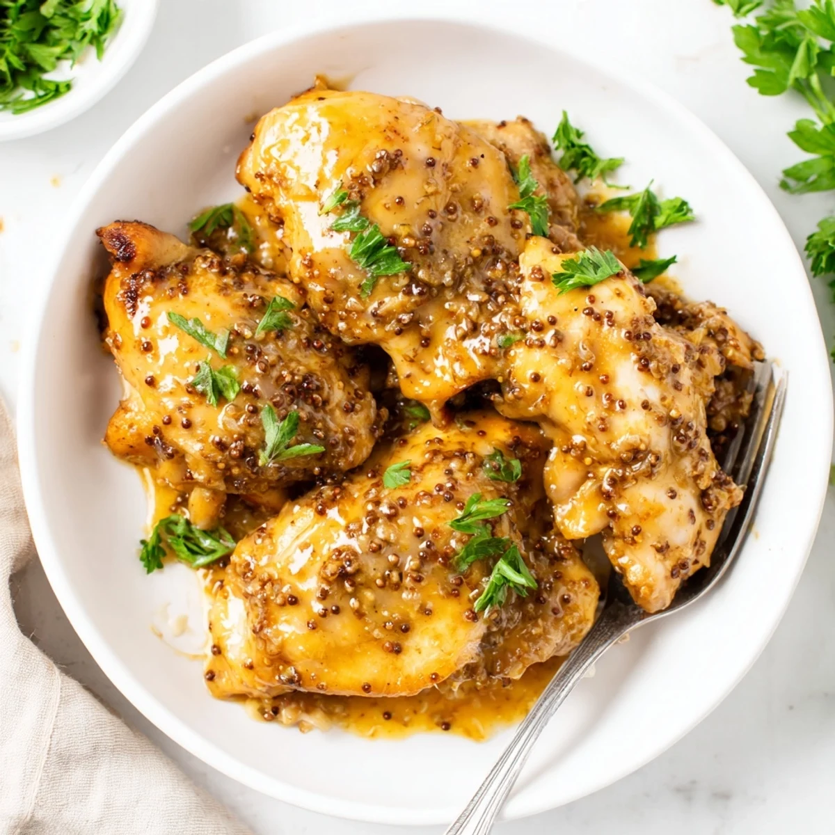 Oven baked honey mustard chicken served with roasted vegetables showcasing caramelized edges and glossy coating