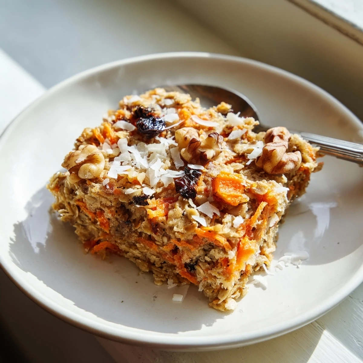 Golden baked carrot cake oatmeal squares topped with chopped walnuts and raisins