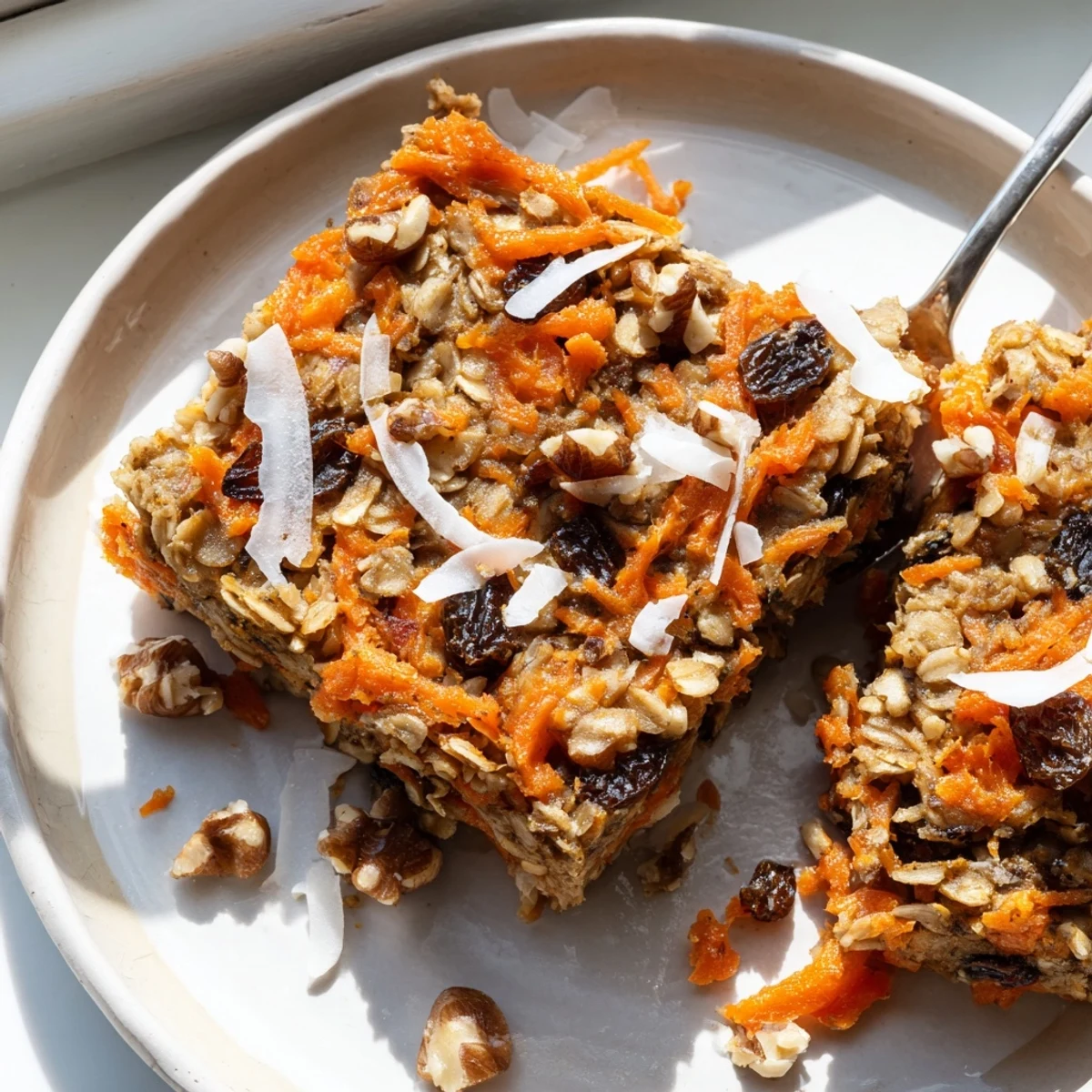 Wholesome carrot cake baked oatmeal serving with creamy yogurt and maple syrup