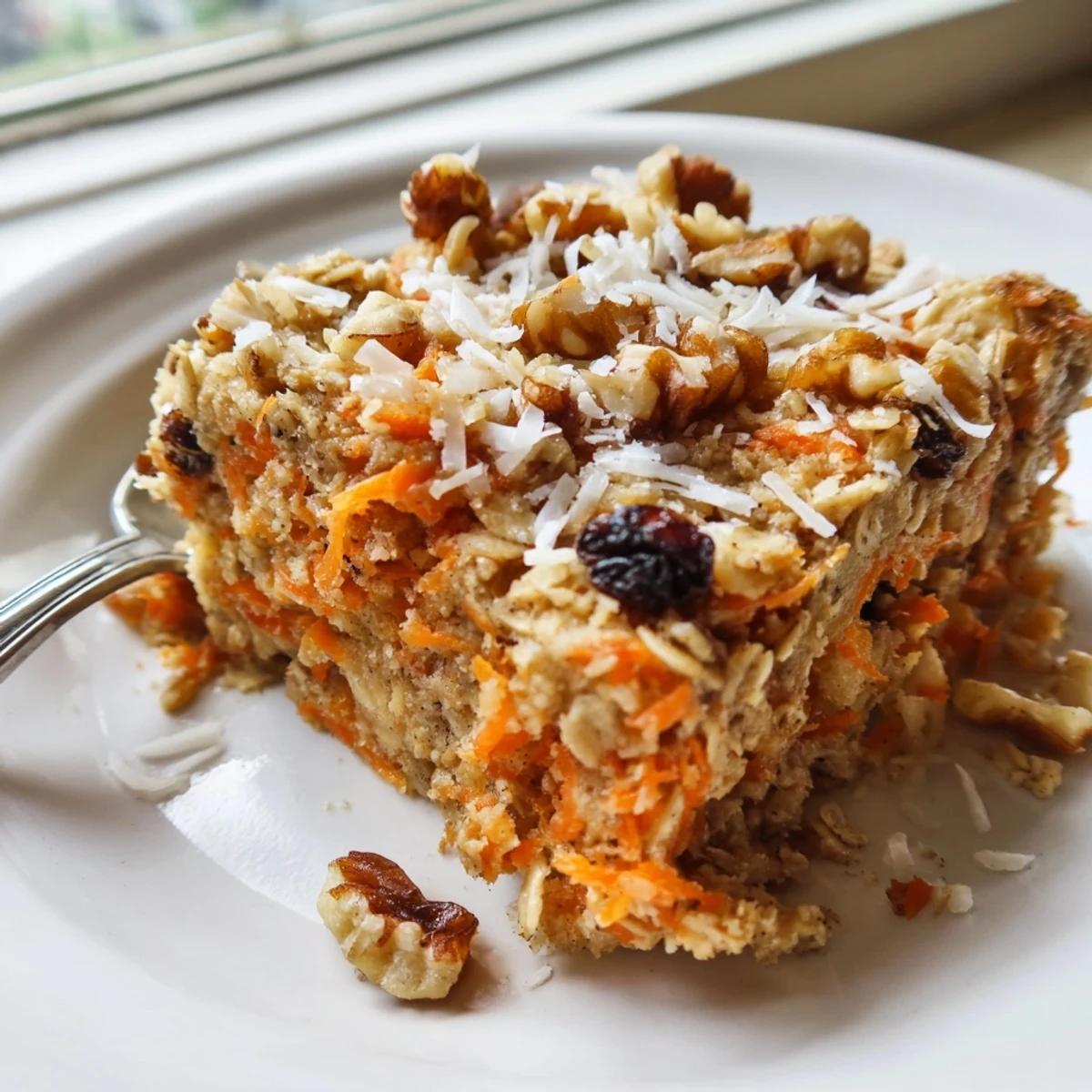 Warm carrot cake baked oatmeal sprinkled with coconut and pecan pieces