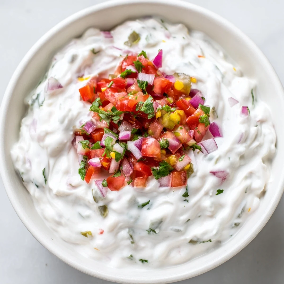 Creamy Grillos pickle de gallo ranch dip served in a white bowl with colorful pico de gallo topping