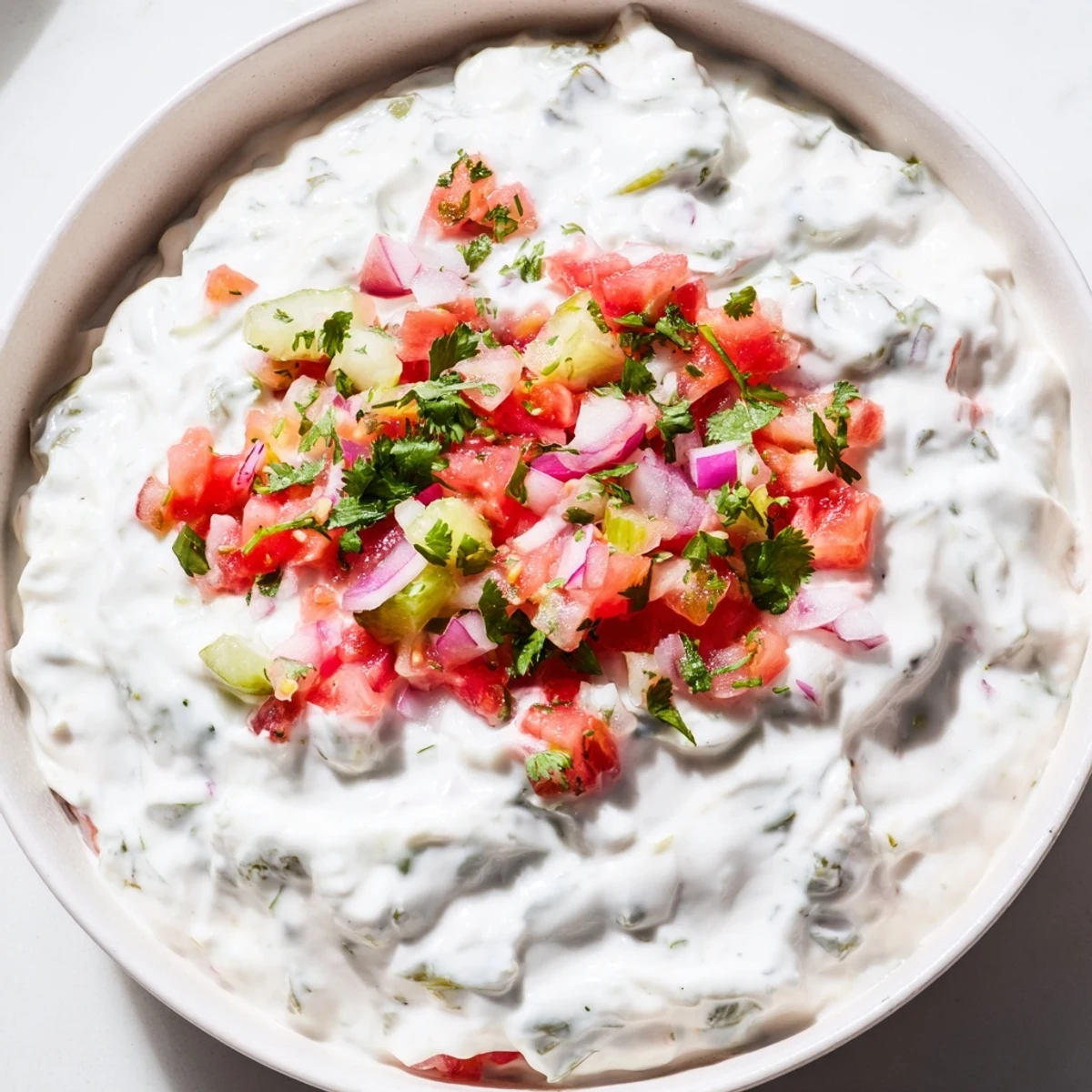 Tangy ranch dip layered with diced tomatoes, red onion, and chopped Grillos pickles on a rustic wooden board