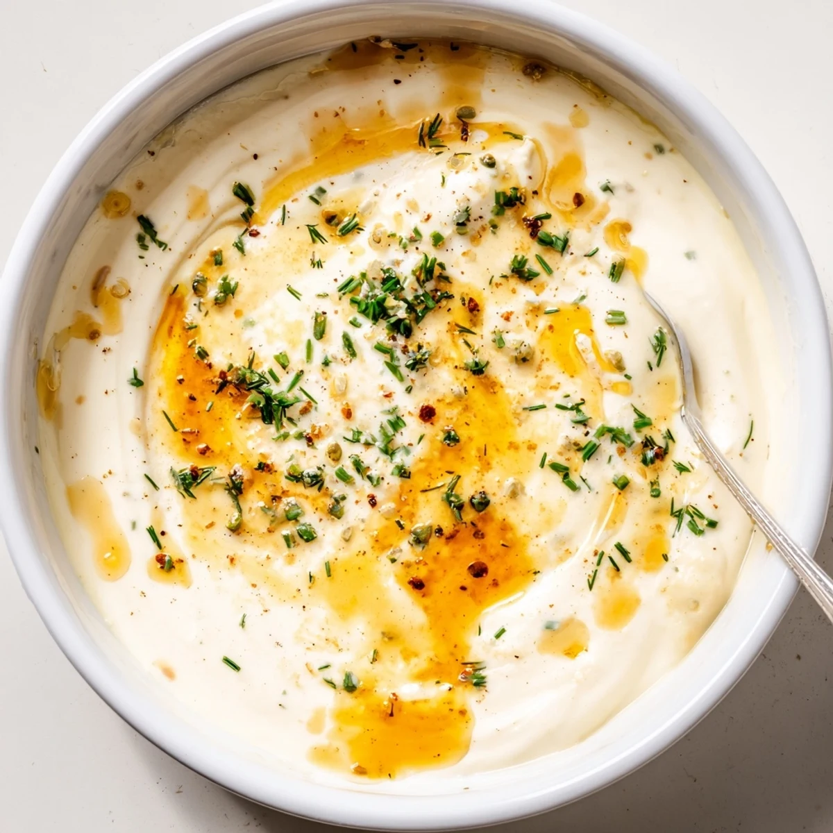 Tangy Hot Honey Ranch Dip chilled in bowl, garnished with fresh herbs.