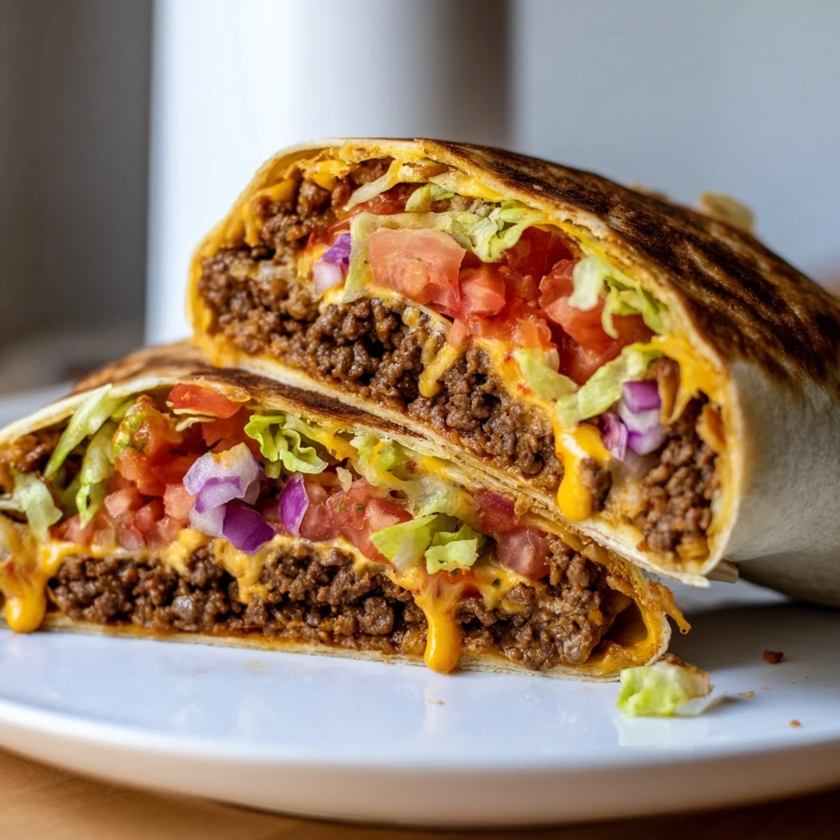 Ultimate Cheesy Beef Crunch Wraps oozing cheddar, toasted golden, served with salsa.
