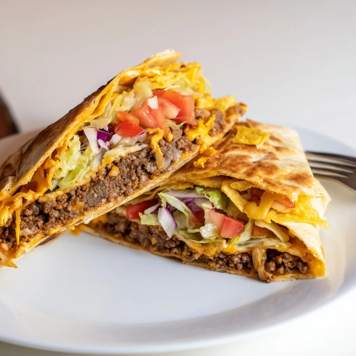Ultimate Cheesy Beef Crunch Wraps warm, handheld Tex-Mex comfort with cool sour cream.