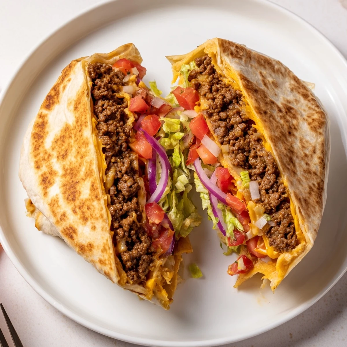 Ultimate Cheesy Beef Crunch Wraps sliced open, savory beef and crispy tostada center.