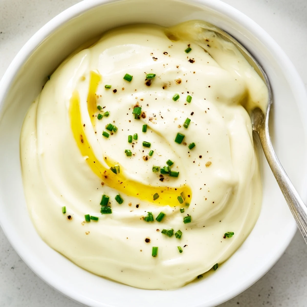 Creamy Tangy Sauce glistening in bowl, silky texture, bright lemony tang.